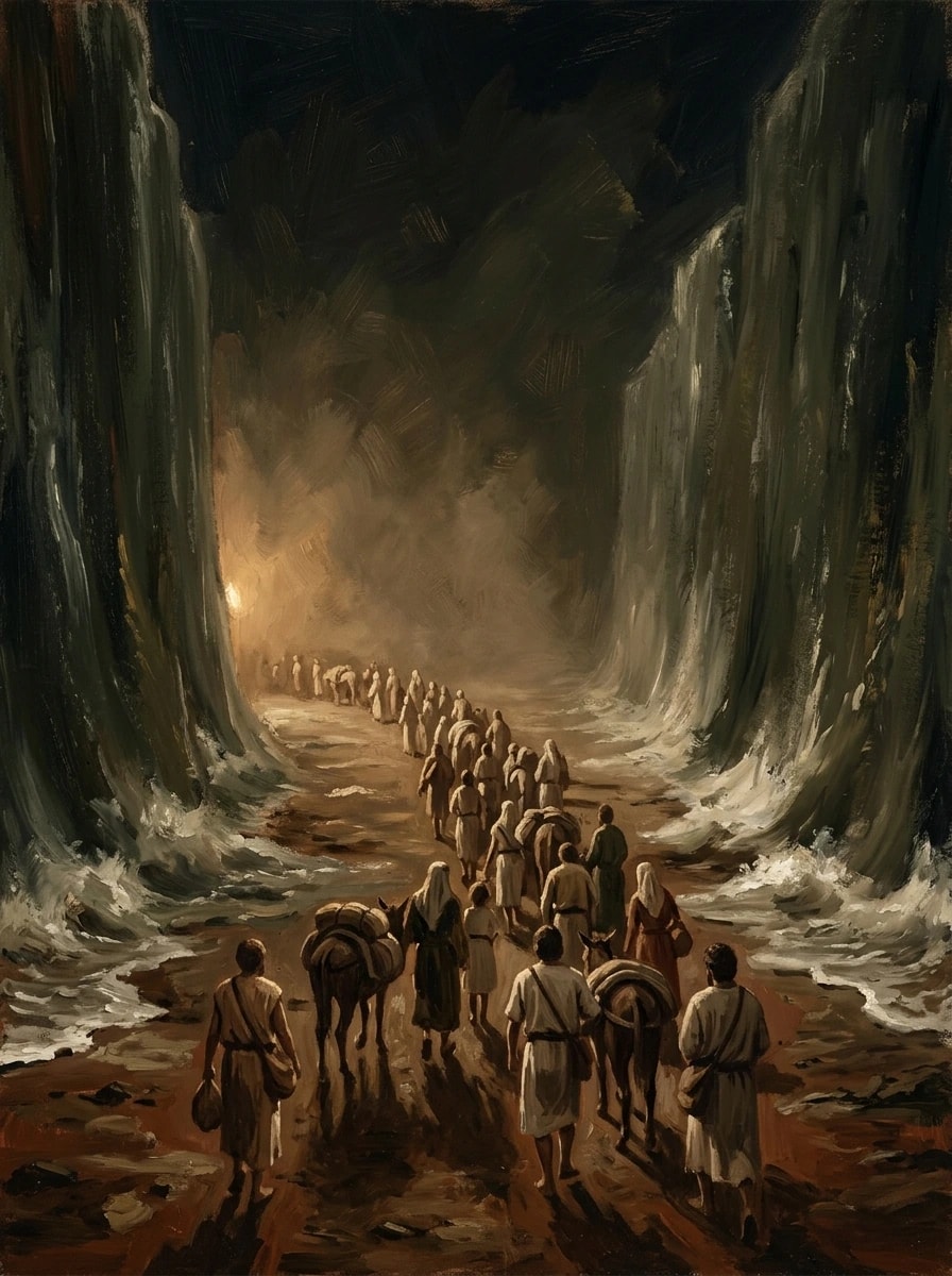Ilustração pintada: uma fila de pessoas atravessa um corredor de areia seca entre duas paredes de água escura, à luz de uma tocha.