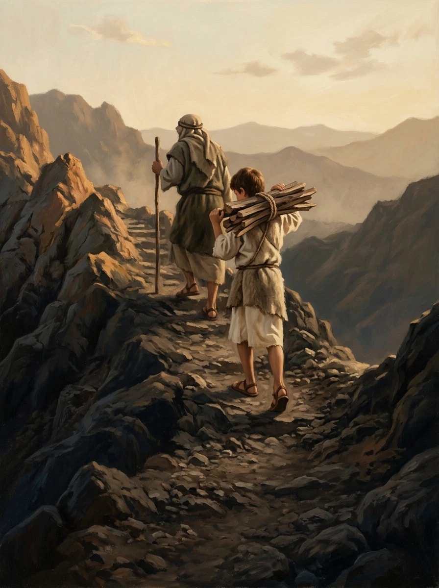 Ilustração pintada: um homem idoso e um menino carregando lenha sobem uma trilha de pedra ao amanhecer.