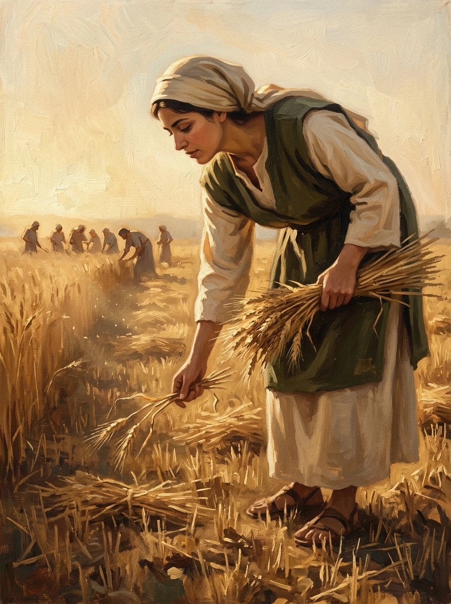 Ilustração pintada: uma jovem recolhe espigas caídas num campo de cevada ao fim da tarde, com os ceifeiros ao fundo.