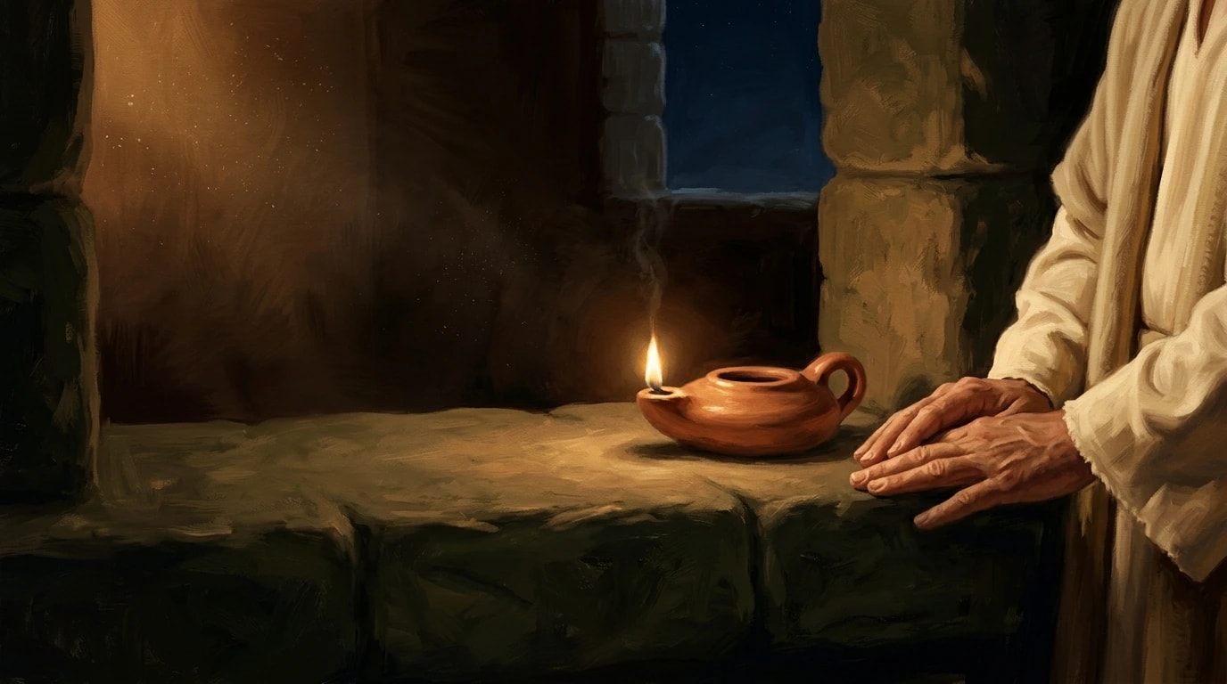 Ilustração pintada: uma lâmpada de barro acesa no parapeito de uma janela à noite, com duas mãos apoiadas ao lado.